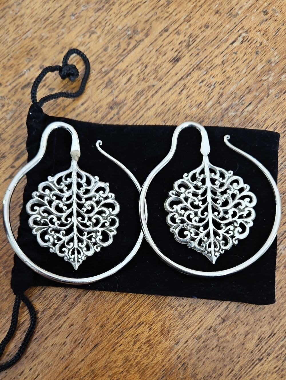 Silver Gauged Filigree Leaf Hoop Earrings - Women Jewelry